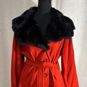 Vintage 80s Red Women's Coat with Black Faux Fur Collar